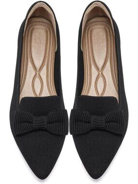 Women's Black Ballet Flats with Bow Pointed Toe Comfortable Dress Flats Shoes